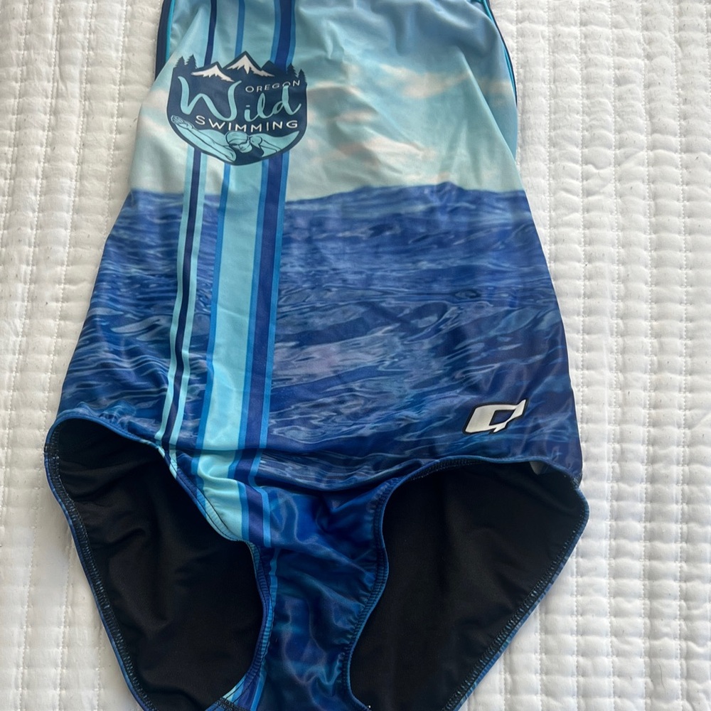Blue One Piece Swimsuit by Q swimwear custom made for Oregon wild swimmers.